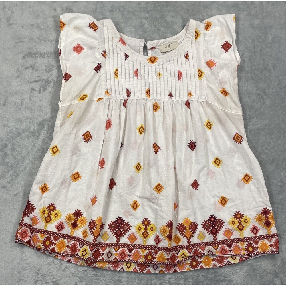 LOFT Blouse Women's Medium Cotton Pintuck Boho Babydoll White Red Orange